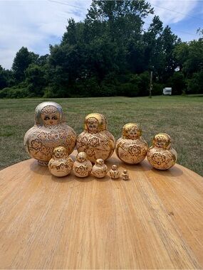 Cream and Gold Russian Nesting Dolls - Decorative Matryoshka Set of 9- 4” tall